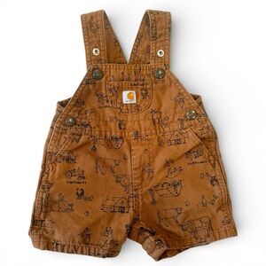Carhartt Tan baby short overalls Farm Tractor Cow Barn Print Snap Closure 9 mos